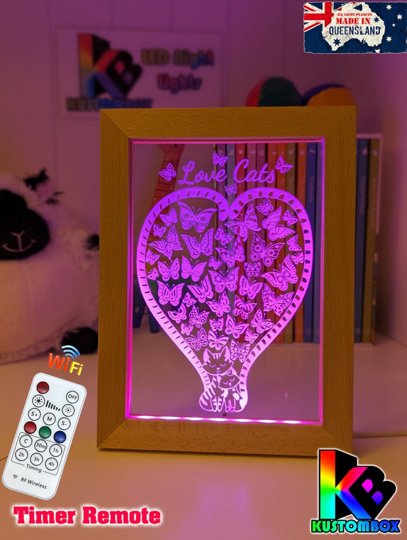 Love Cats & Heart of Butterflies Personalised Name Timber Picture Frame USB 3D LED Night Light Lamp - KustomboxNight Lights & Ambient LightingKustomboxTimber Frame Light