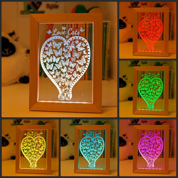 Love Cats & Heart of Butterflies Personalised Name Timber Picture Frame USB 3D LED Night Light Lamp - KustomboxNight Lights & Ambient LightingKustomboxTimber Frame Light