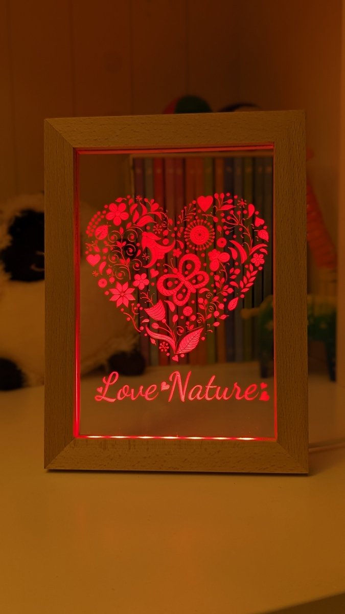 Love Heart Flowers Personalised Name Timber Frame USB 3D LED Night Light Lamp - KustomboxNight Lights & Ambient LightingKustomboxTimber Frame Light - $34.99