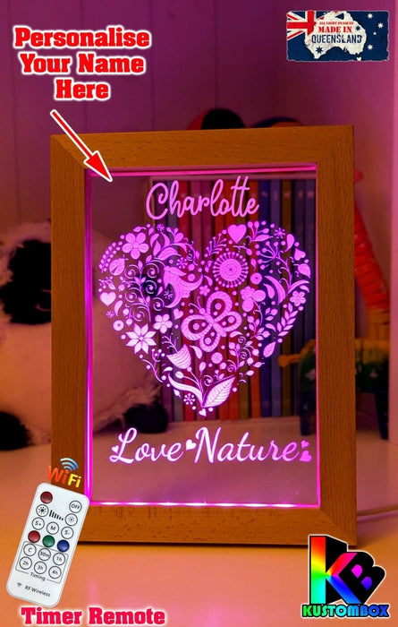 Love Heart Flowers Personalised Name Timber Frame USB 3D LED Night Light Lamp - KustomboxNight Lights & Ambient LightingKustomboxTimber Frame Light - $34.99