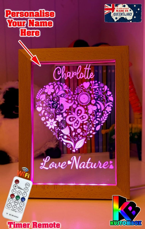 Love Heart Flowers Personalised Name Timber Frame USB 3D LED Night Light Lamp - KustomboxNight Lights & Ambient LightingKustomboxTimber Frame Light - $34.99