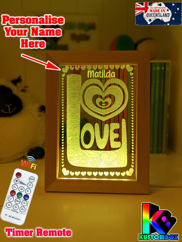 Love Heart Mandala Personalised Name Timber Picture Frame USB 3D LED Night Light Lamp - KustomboxNight Lights & Ambient LightingKustomboxTimber Frame Light