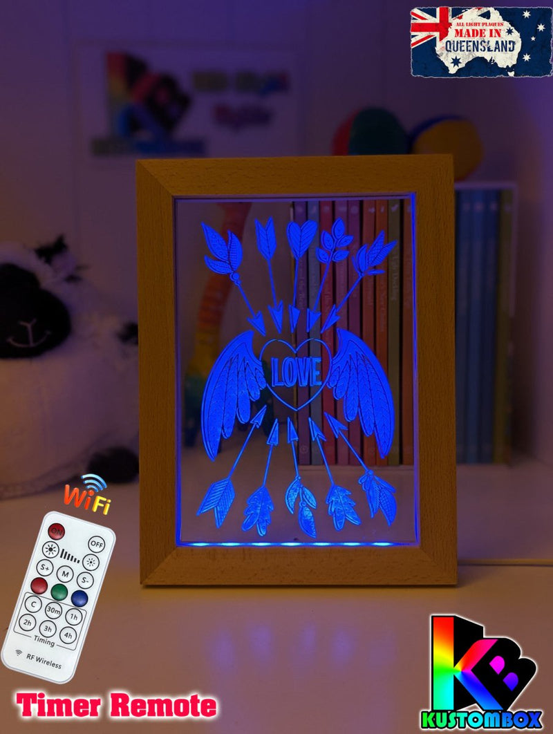 Love Heart Wings Personalised Name Timber Frame base USB 3D LED Night Light + Remote - KustomboxNight Lights & Ambient LightingKustomboxTimber Frame Light