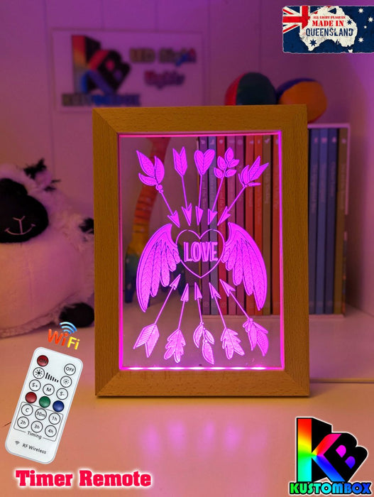 Love Heart Wings Personalised Name Timber Frame base USB 3D LED Night Light + Remote - KustomboxNight Lights & Ambient LightingKustomboxTimber Frame Light