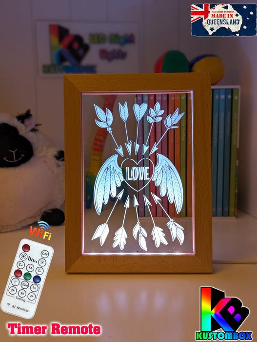 Love Heart Wings Personalised Name Timber Frame base USB 3D LED Night Light + Remote - KustomboxNight Lights & Ambient LightingKustomboxTimber Frame Light