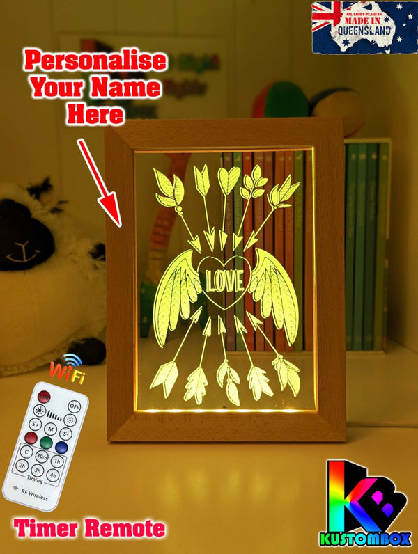 Love Heart Wings Personalised Name Timber Frame base USB 3D LED Night Light + Remote - KustomboxNight Lights & Ambient LightingKustomboxTimber Frame Light