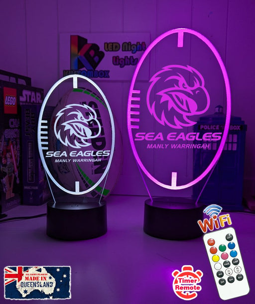 Personalised Manly Sea Eagles 3D LED night light glowing in 7 colours, perfect for kids or man caves ball shape new logo 