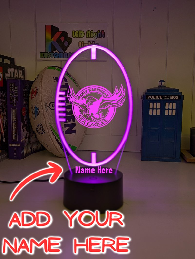 Personalised Manly Sea Eagles LED night light featuring team logo outline and custom engraving, ball shape old logo. add your name 