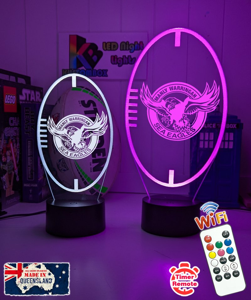 Personalised Manly Sea Eagles 3D LED night light glowing in 7 colours, perfect for kids or man caves ball shape old logo dual size 