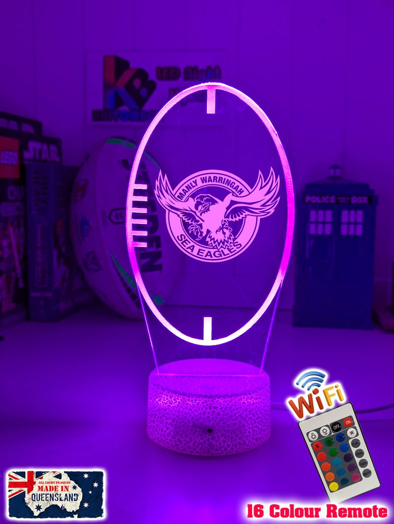 Custom Manly Sea Eagles LED lamp with engraved name, multi-colour lighting for rugby league fans ball shape old logo white crackle base