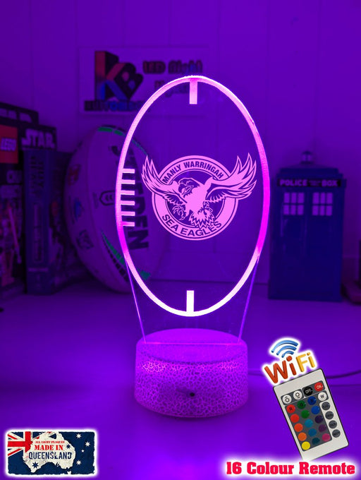 Custom Manly Sea Eagles LED lamp with engraved name, multi-colour lighting for rugby league fans ball shape old logo white crackle base