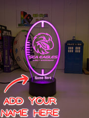 Manly Sea Eagles logo 3D acrylic light with 16-colour remote, ideal NRL gift for bedroom or bar, ball shape new logo, add your name