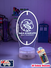 Custom Manly Sea Eagles LED lamp with engraved name, multi-colour lighting for rugby league fans ball shape new logo white crackle base