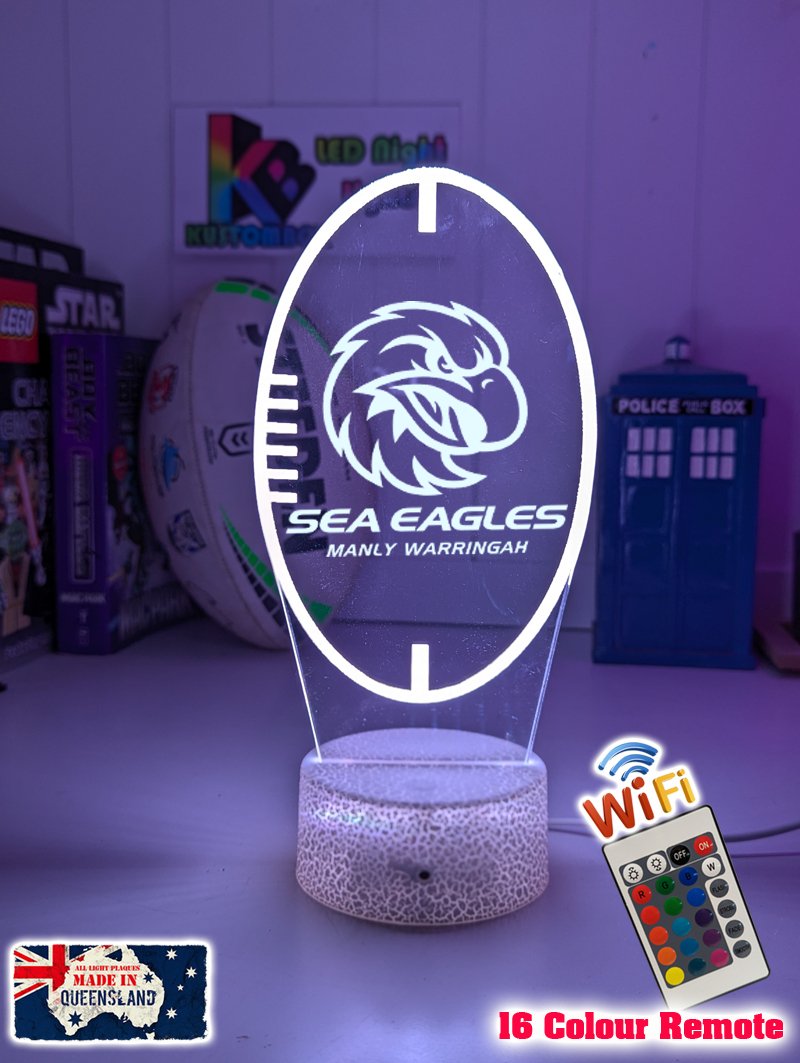 Custom Manly Sea Eagles LED lamp with engraved name, multi-colour lighting for rugby league fans ball shape new logo white crackle base