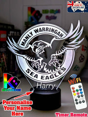 Custom Manly Sea Eagles LED lamp with engraved name, multi-colour lighting for rugby league fans original logo. Name option lamp