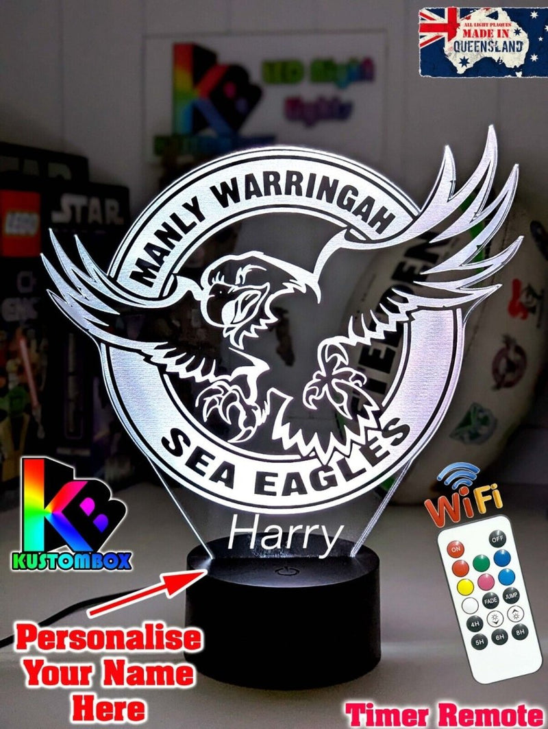 Custom Manly Sea Eagles LED lamp with engraved name, multi-colour lighting for rugby league fans original logo. Name option lamp