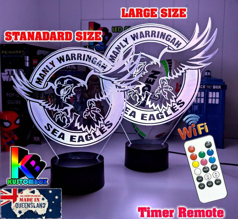 Manly Sea Eagles logo 3D acrylic light with 16-colour remote, ideal NRL gift for bedroom or bar, original logo, dual sizes 