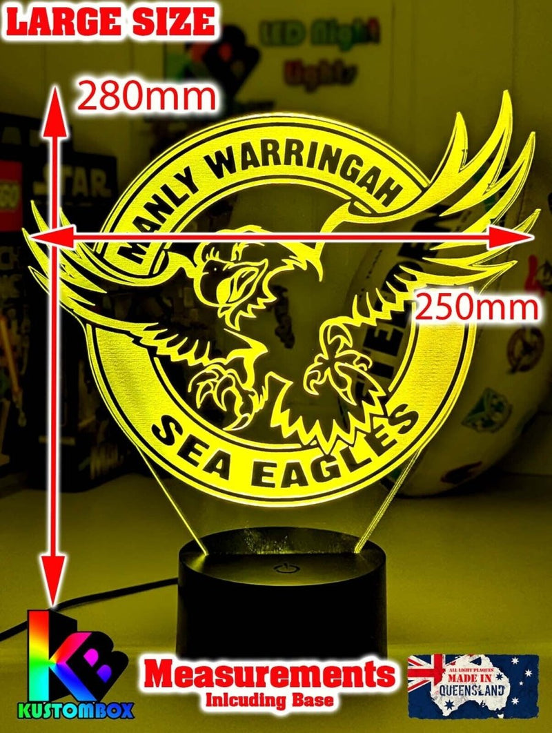 Personalised Manly Sea Eagles LED night light featuring team logo outline and custom engraving, original logo. Large size lamp