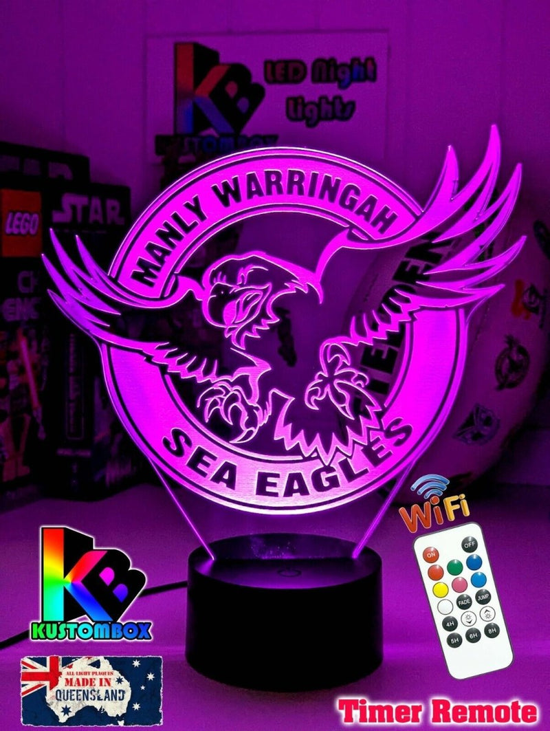 Personalised Manly Sea Eagles 3D LED night light glowing in 7 colours, perfect for kids or man caves ball shape original logo 