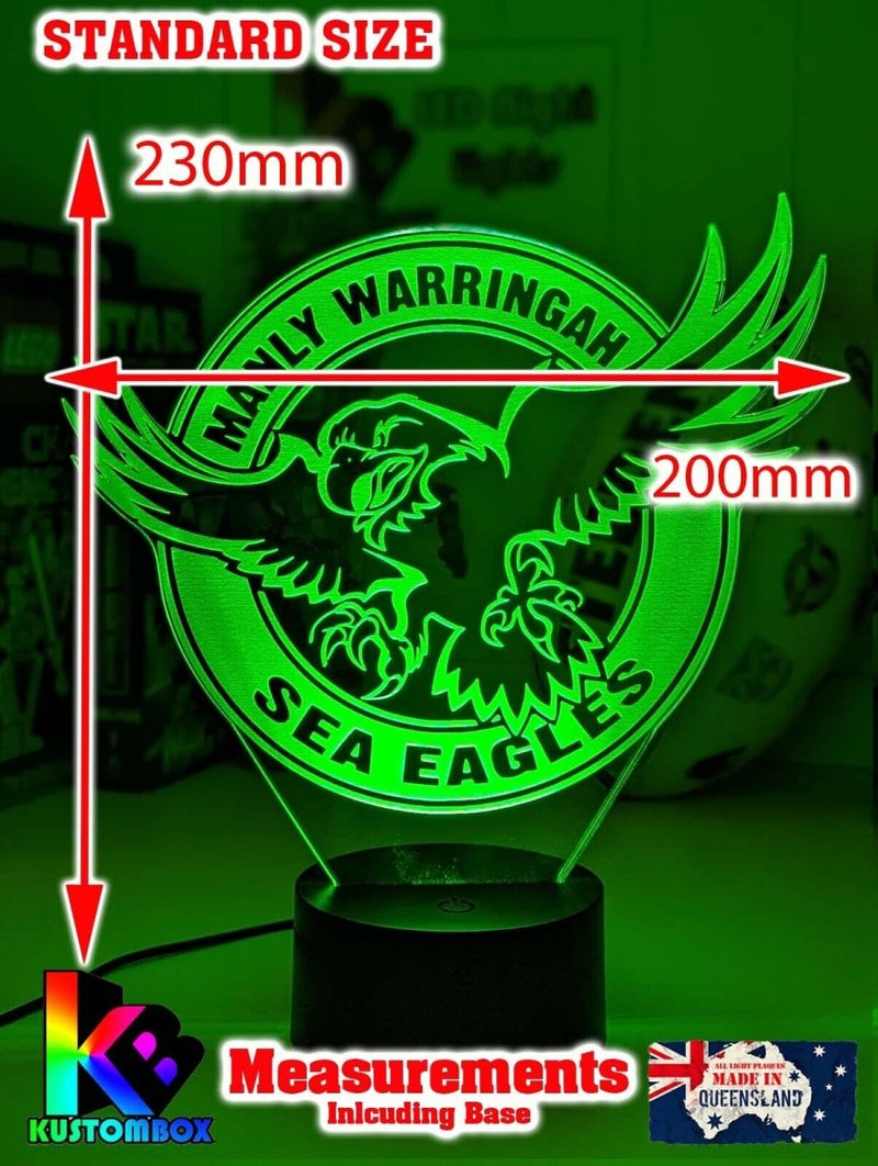 Manly Sea Eagles rugby league 3D LED night light with USB power and multi-colour fade mode, original logo. standard small size lamp 