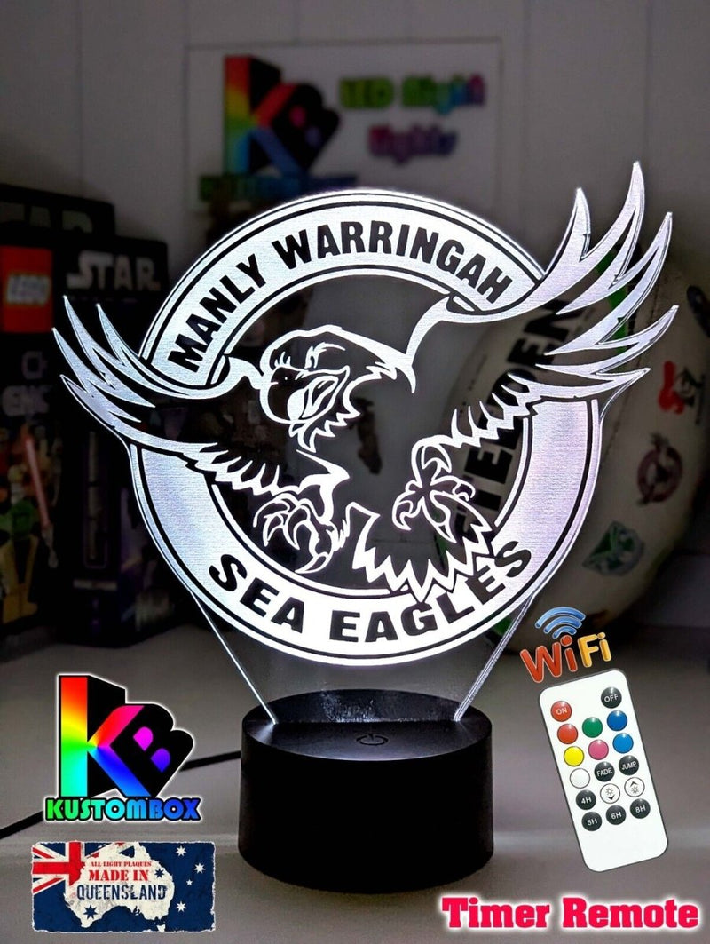 Manly Sea Eagles custom 3D LED lamp with name engraving and colour-changing effects, original logo, white colour lamp 