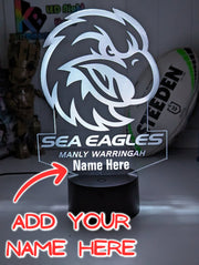 Custom Manly Sea Eagles LED lamp with engraved name, multi-colour lighting for rugby league fans new logo