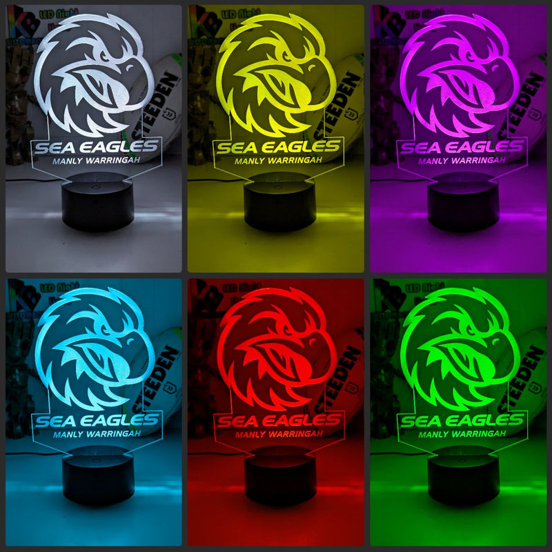 Custom Manly Sea Eagles LED lamp with 7-colour glow, perfect NRL-themed gift. colour collage black base