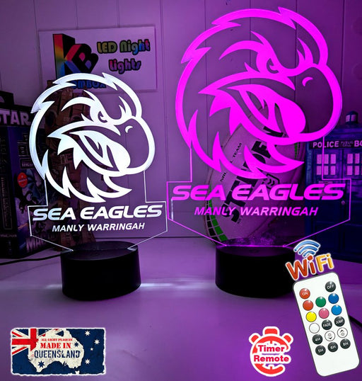 Personalised Manly Sea Eagles 3D LED night light glowing in 7 colours, perfect for kids or man caves ball shape old logo 