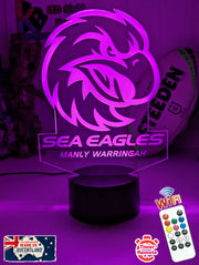 Personalised Manly Sea Eagles LED night light featuring team logo outline and custom engraving, new logo team purple colour 