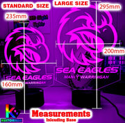 Manly Sea Eagles rugby league 3D LED night light with USB power and multi-colour fade mode, new logo. size chart dimensions
