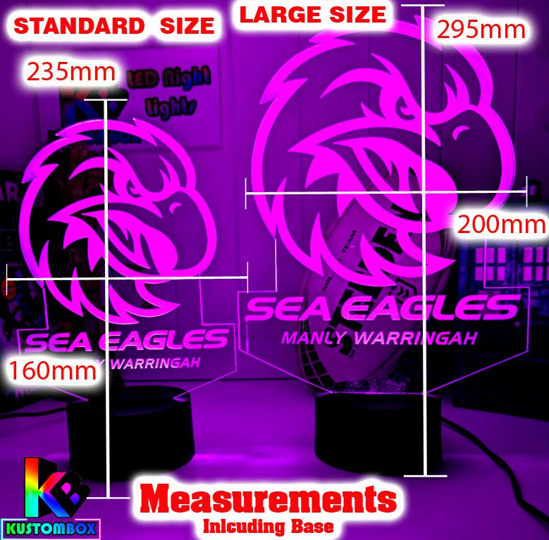 Manly Sea Eagles rugby league 3D LED night light with USB power and multi-colour fade mode, new logo. size chart dimensions