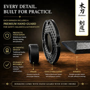 Bokken with hand guard on a wooden surface, featuring text about its features and benefits.