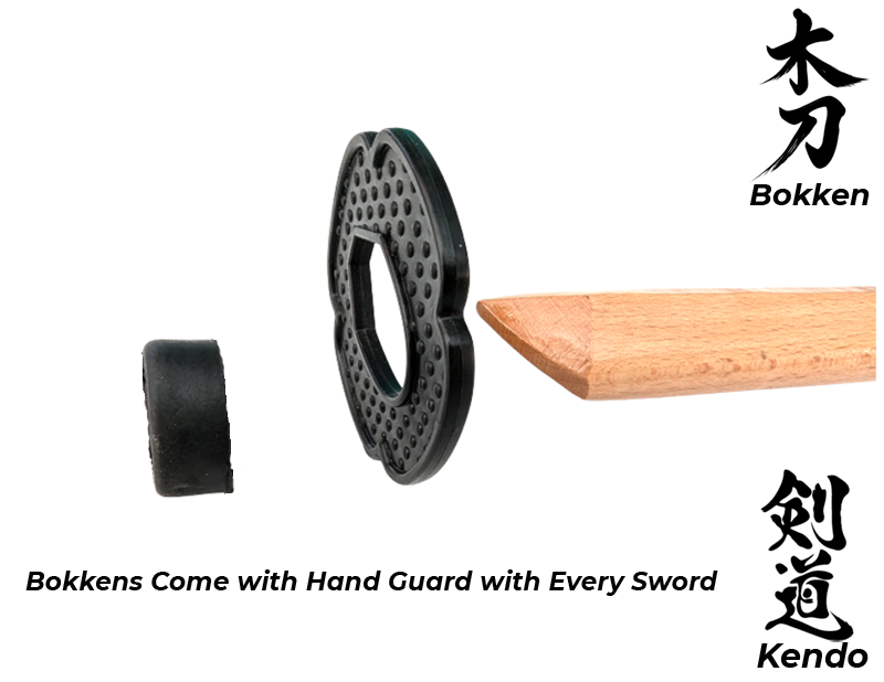 Bokken components with hand guard and wooden blade on a white background, featuring Kendo branding.