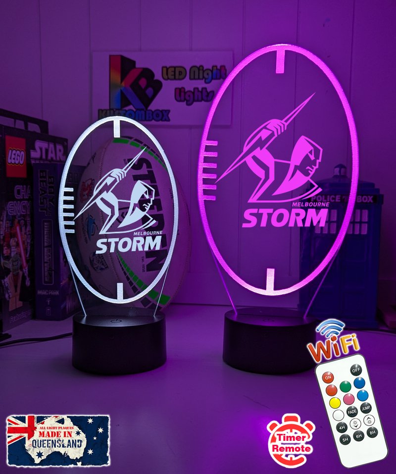 Personalised Melbourne Storm 3D LED night light glowing in 7 colours, perfect for kids or man caves, ball shape lamp
