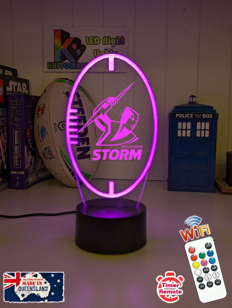 Melbourne Storm logo 3D acrylic light with 16-colour remote, ideal NRL gift for bedroom or bar, purple colour ball shape lamp