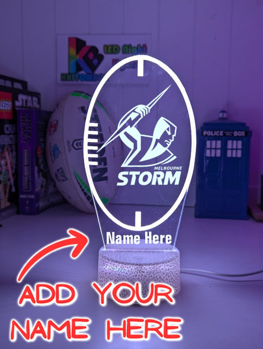 Custom Melbourne Storm LED lamp with engraved name, multi-colour lighting for rugby league fans. Name option lamp