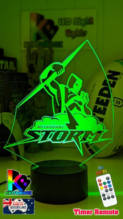 Personalised Melbourne Storm LED night light featuring team logo outline and custom engraving green colour