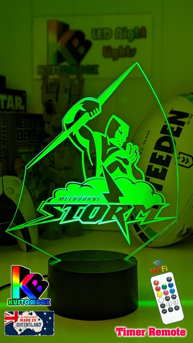 Personalised Melbourne Storm LED night light featuring team logo outline and custom engraving green colour