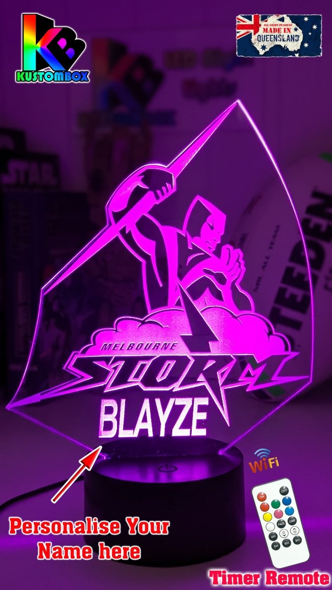 Melbourne Storm logo 3D acrylic light with 16-colour remote, ideal NRL gift for bedroom or bar name option 