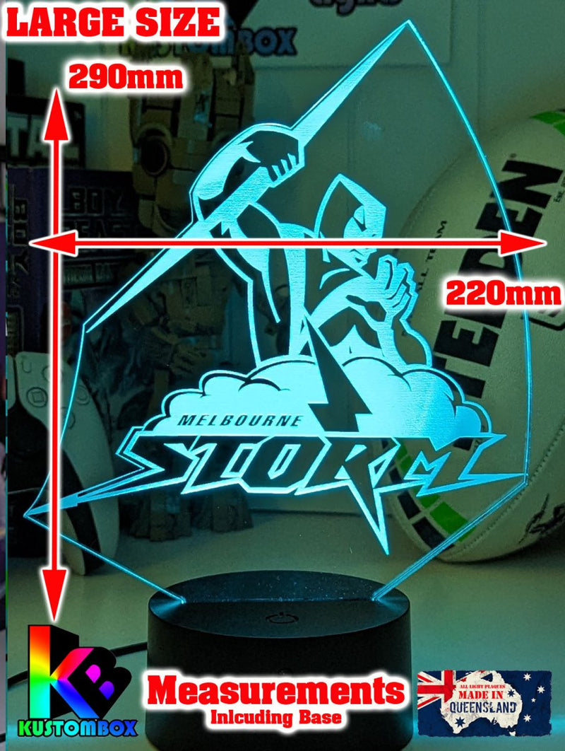 Melbourne Storm logo LED night light with engraved name option and remote colour control. large size lamp