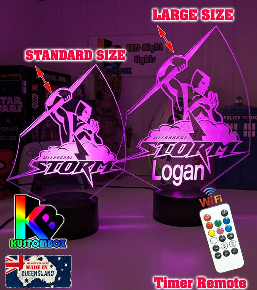  Custom Melbourne Storm LED lamp with engraved name, multi-colour lighting for rugby league fans Size chart 