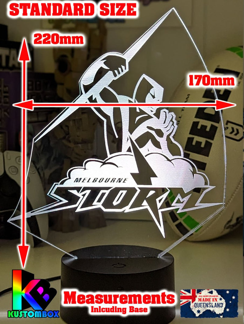 Custom Melbourne Storm LED lamp with 7-colour glow, perfect NRL-themed gift. size chart standard size