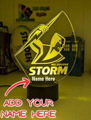 Melbourne Storm logo 3D acrylic light with 16-colour remote, ideal NRL gift for bedroom or bar. add your name
