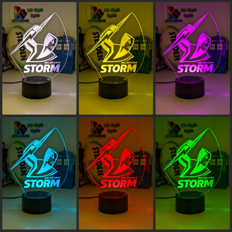 Personalised Melbourne Storm LED night light featuring team logo outline and custom engraving. Black base collage
