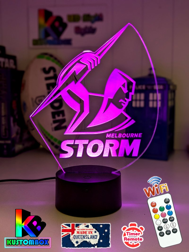 Custom Melbourne Storm new logo  LED lamp with engraved name, multi-colour lighting for rugby league fans. purple colour