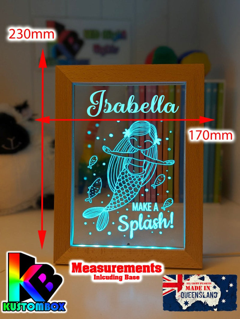 Mermaid Princess Personalised Name Timber Frame USB 3D LED Night Light Lamp - KustomboxNight Lights & Ambient LightingKustomboxTimber Frame Light - $34.99