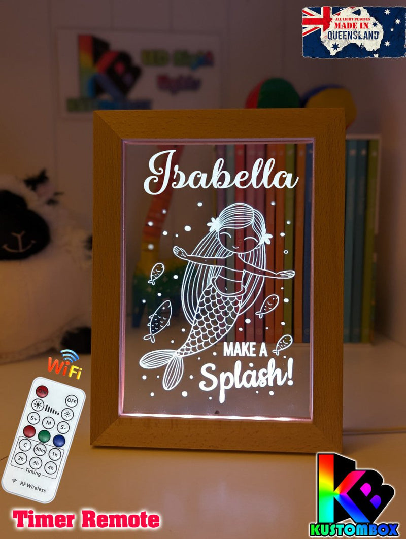 Mermaid Princess Personalised Name Timber Frame USB 3D LED Night Light Lamp - KustomboxNight Lights & Ambient LightingKustomboxTimber Frame Light - $34.99