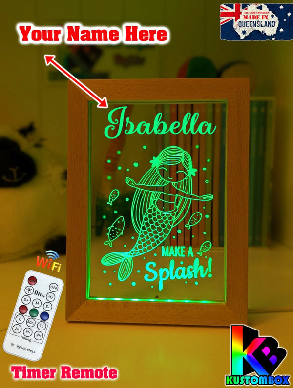 Mermaid Princess Personalised Name Timber Frame USB 3D LED Night Light Lamp - KustomboxNight Lights & Ambient LightingKustomboxTimber Frame Light - $34.99