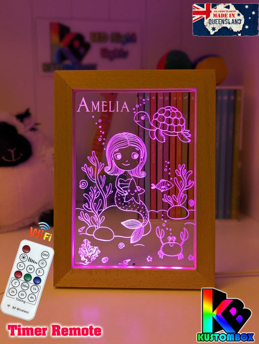 Mermaid Princess & Turtle Personalised Name Timber Picture Frame USB 3D LED Night Light Lamp - KustomboxNight Lights & Ambient LightingKustomboxTimber Frame Light