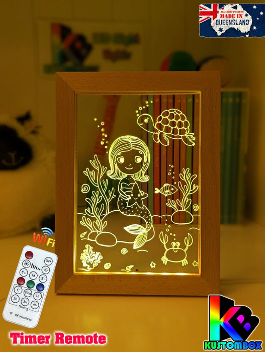 Mermaid Princess & Turtle Personalised Name Timber Picture Frame USB 3D LED Night Light Lamp - KustomboxNight Lights & Ambient LightingKustomboxTimber Frame Light